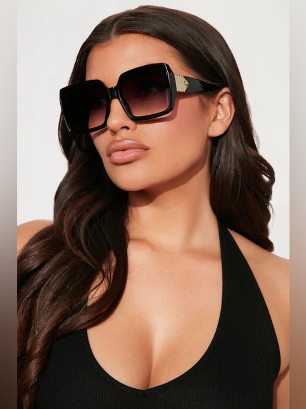 Oversized Black Square Sunglasses with Gold Temple Detail
